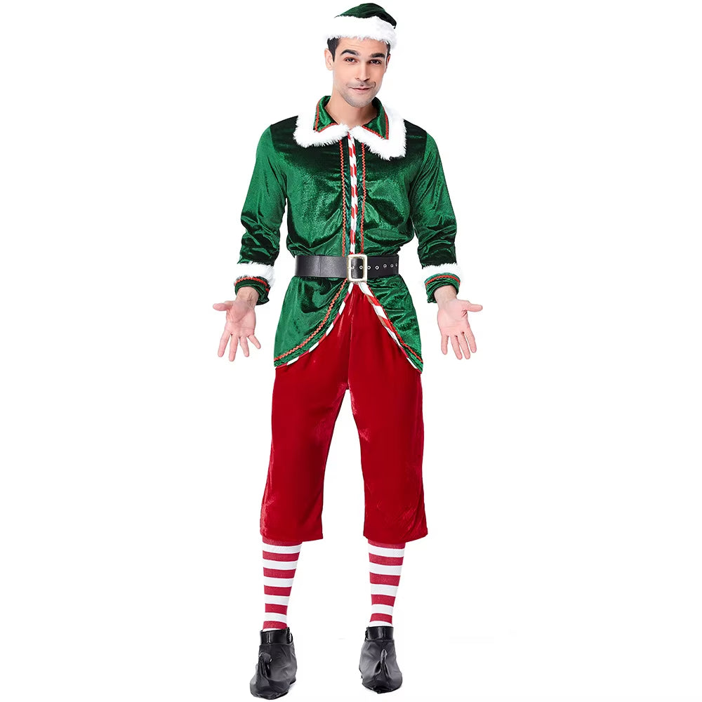 Festive Men's Santa & Elf Costume Set - Cozy Long-Sleeve Outfit with Socks for Christmas Parties and Cosplay