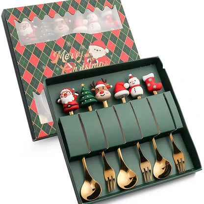 Exquisite Stainless Steel Christmas Spoon and Fork Set - Perfect Tableware for Coffee, Tea, and Desserts (2/4/6 Pieces)
