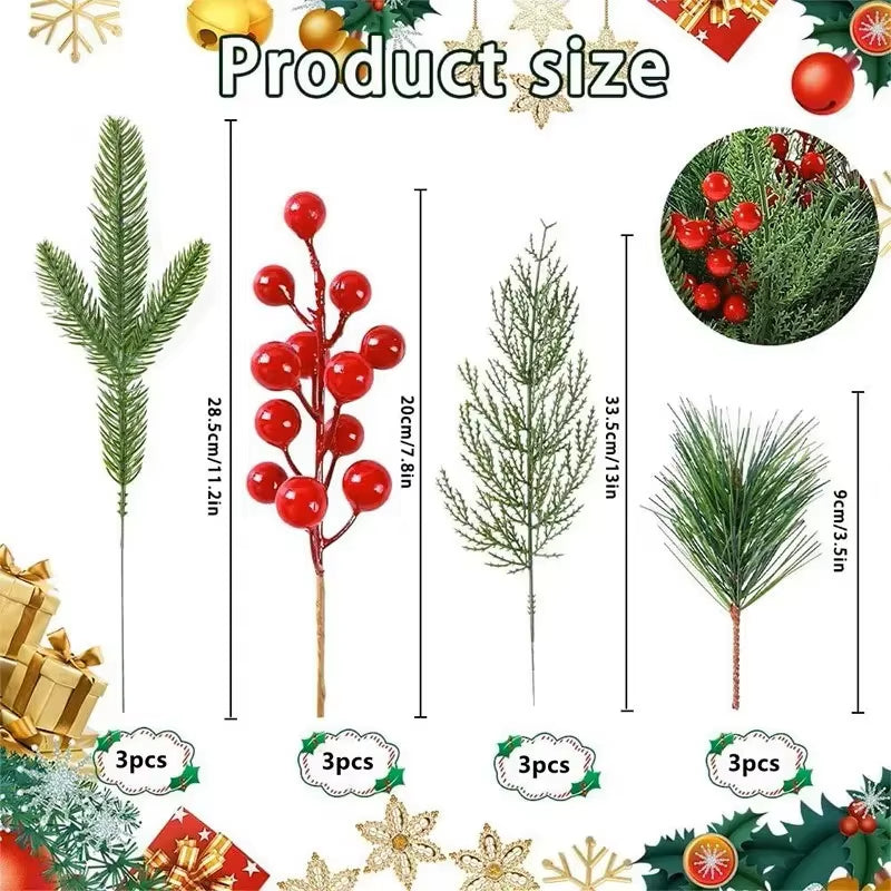 12Pcs Festive Artificial Pine Branches with Red Holly Berries for Christmas Wreaths and DIY Home Decor