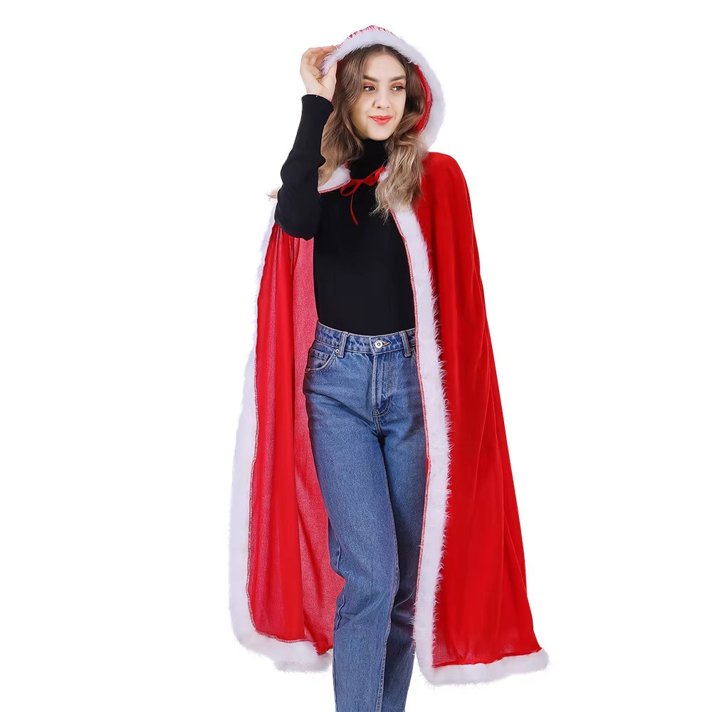 Halloween Christmas Costumes Adult Women Sexy Hooded Cloak Mrs Santa Claus Velvet Fur Red Clothing