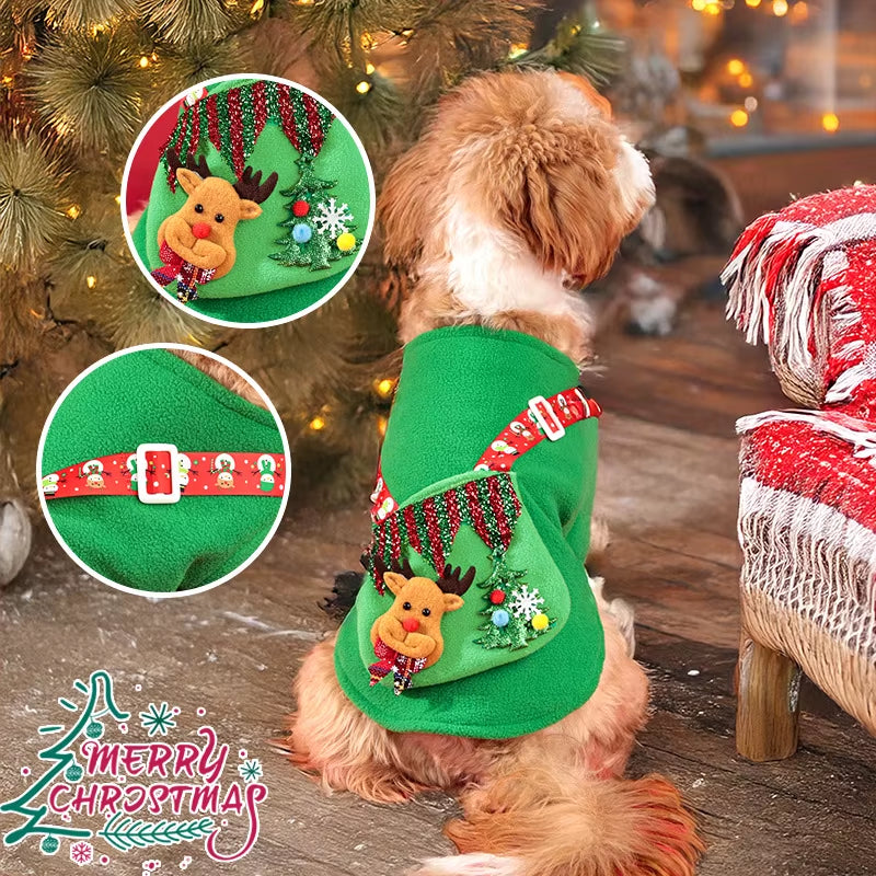 Festive Reindeer Dog Hoodie with Pocket - Cozy Fleece Sweatshirt for Small/Medium Dogs - Green Winter Outfit, Sizes S-XL