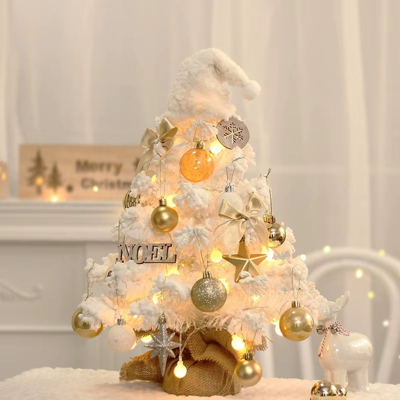 Stunning 50CM Snow-Covered LED Christmas Tree Set with Gold Ornaments - Perfect for Desktop or Window Display!