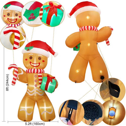 8FT Gingerbread Man Christmas Inflatable with Gift Pack - Festive Outdoor Yard Decoration with LED Lights