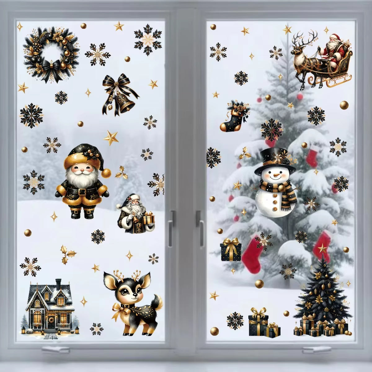 Double-Sided Removable Black Gold Christmas Window Cling Stickers - Santa Claus & Snowflake Decor
