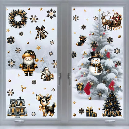 Double-Sided Removable Black Gold Christmas Window Cling Stickers - Santa Claus & Snowflake Decor