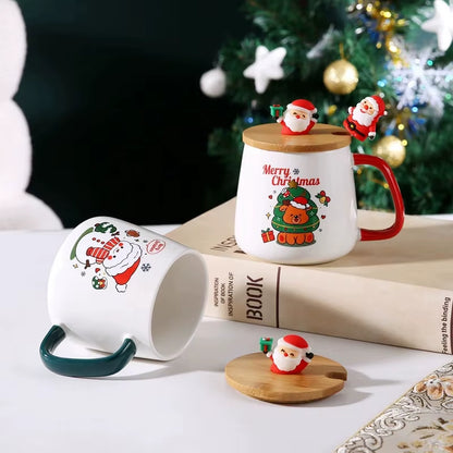 Adorable Santa Claus & Reindeer Ceramic Mug with Lid and Spoon - Perfect Christmas Gift!