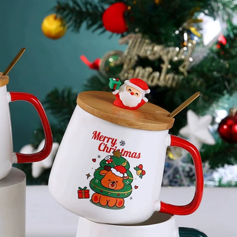Adorable Santa Claus & Reindeer Ceramic Mug with Lid and Spoon - Perfect Christmas Gift!