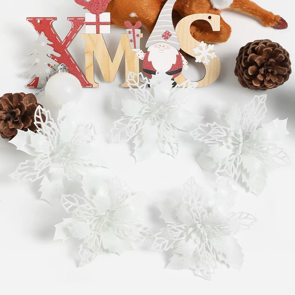 Stunning Glitter Artificial Christmas Flowers - Perfect for Wreaths, Garlands, and Holiday Decor (5/10PCS)