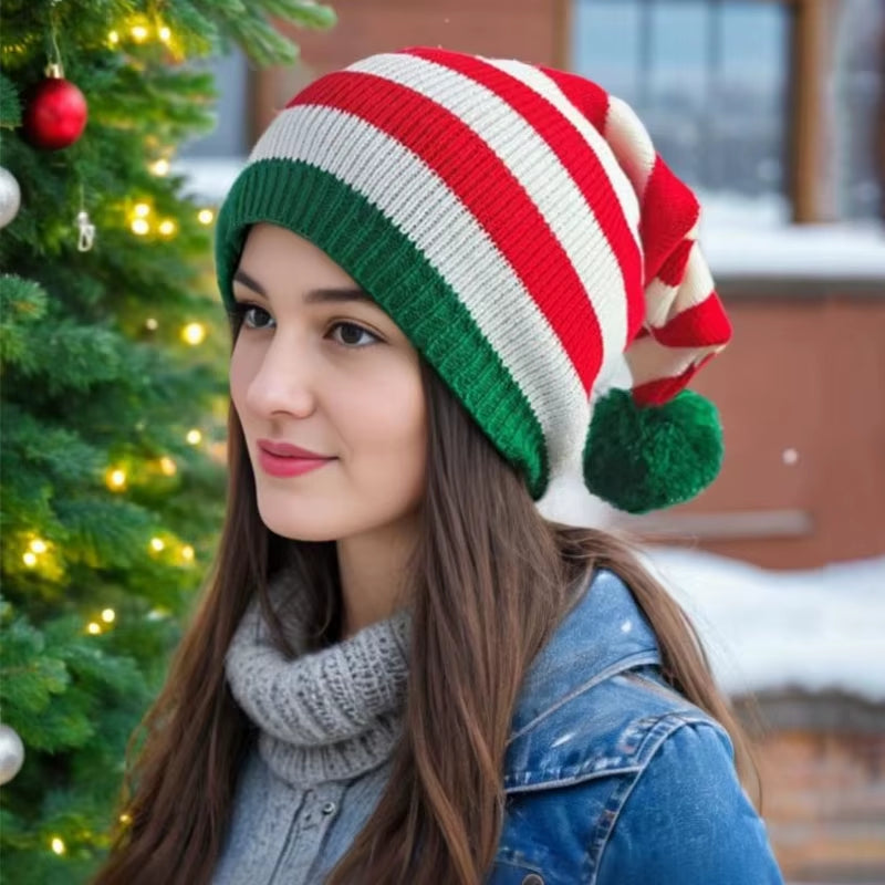 Festive Stripe Knit Christmas Hat - Unisex Red Winter Hat for 2025 New Year Celebrations & Holiday Gifts