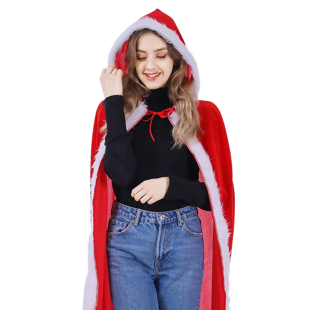 Halloween Christmas Costumes Adult Women Sexy Hooded Cloak Mrs Santa Claus Velvet Fur Red Clothing
