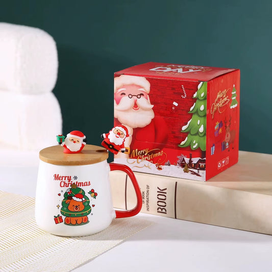 Adorable Santa Claus & Reindeer Ceramic Mug with Lid and Spoon - Perfect Christmas Gift!