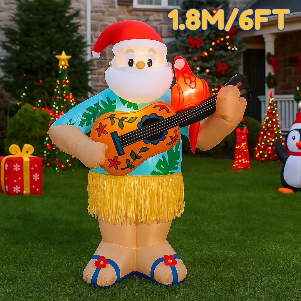 Hawaiian Santa Inflatable Christmas Decoration - 6FT LED Guitar Ornament for Home & Yard Party Decor