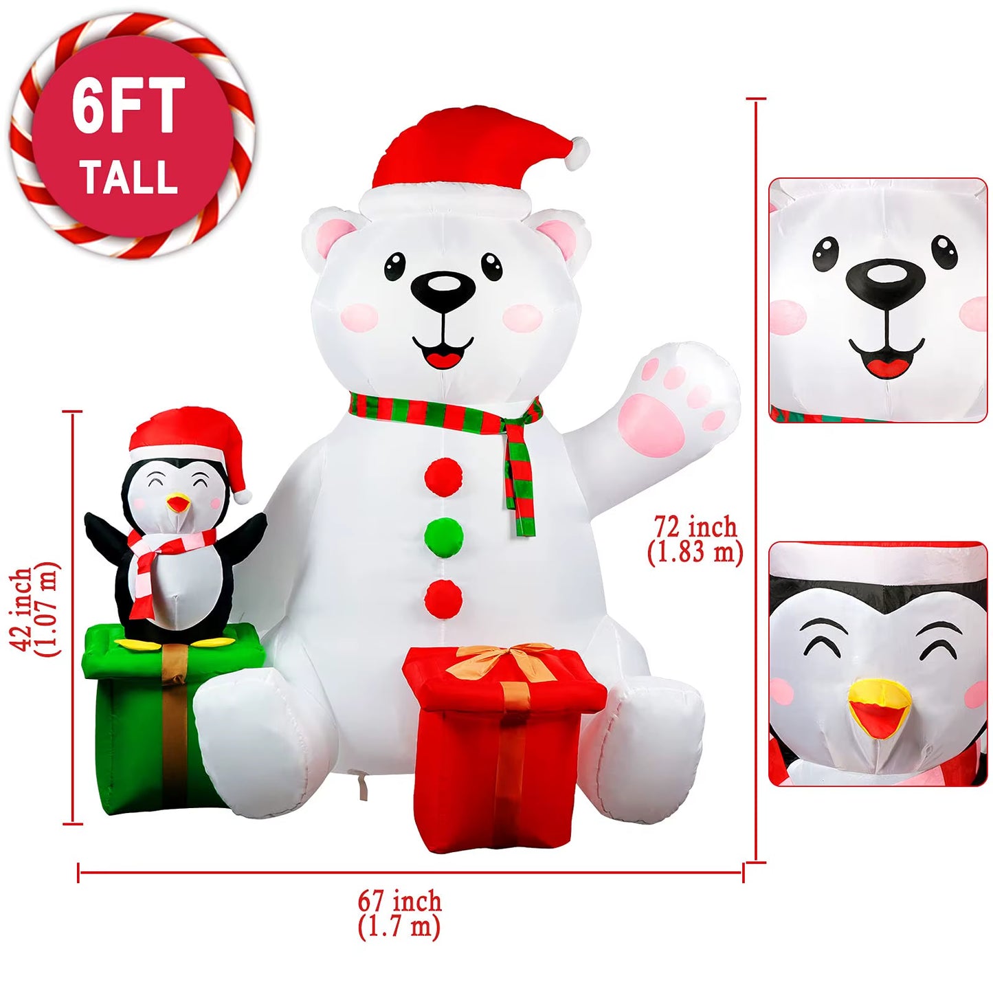 6FT Inflatable Polar Bear & Penguin with LED Lights - Perfect Holiday Yard Decoration for Christmas Parties!