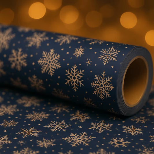 Extra Long Dark Blue Snowflake Wrapping Paper - Double-Sided Winter Design for Stunning Gift Presentation