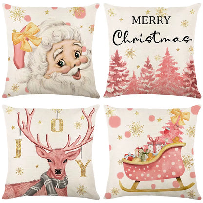 Charming 45Cm Pink Christmas Pillowcase with Santa Claus, Xmas Tree, and Elk - Perfect Holiday Decor for Sofa and Car!