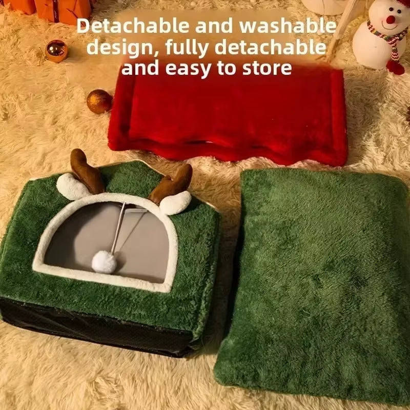 Cozy Christmas Cat & Dog Nest - Plush Multifunctional Pet Bed with Removable Design