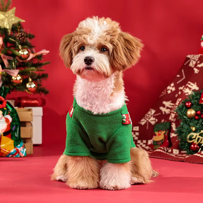 Festive Reindeer Dog Hoodie with Pocket - Cozy Fleece Sweatshirt for Small/Medium Dogs - Green Winter Outfit, Sizes S-XL