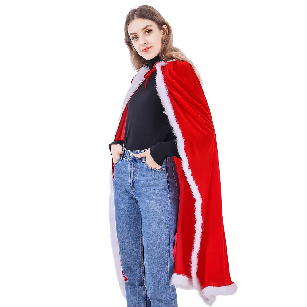 Halloween Christmas Costumes Adult Women Sexy Hooded Cloak Mrs Santa Claus Velvet Fur Red Clothing