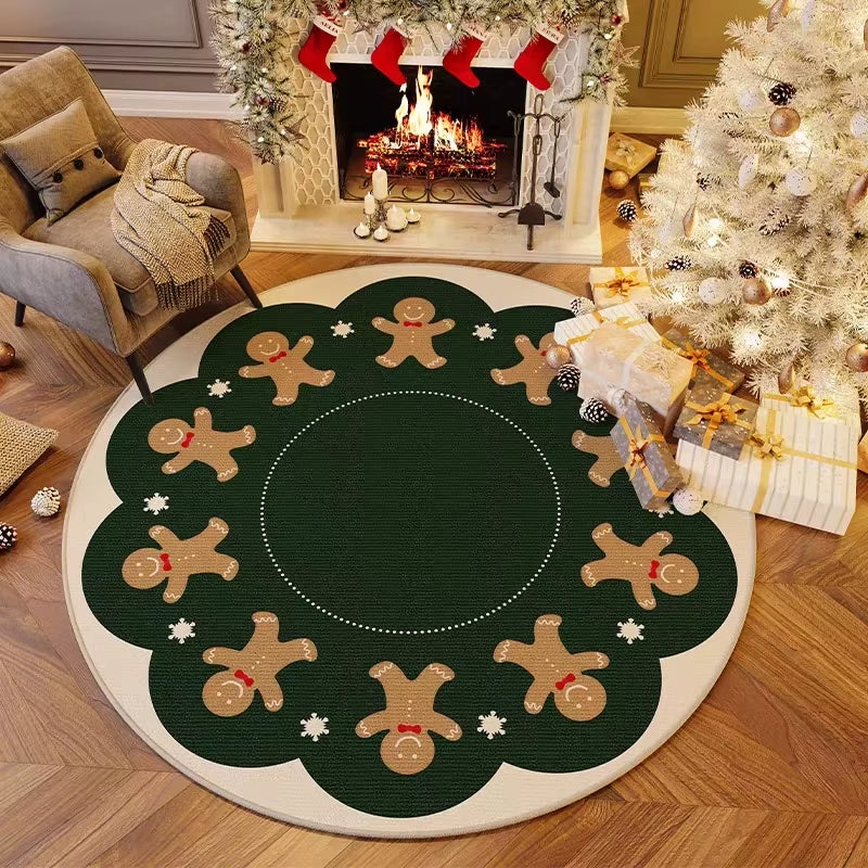 VIKAMA Festive Red and White Round Carpet with 3D Embroidery - Anti-Slip Short Pile Christmas Decoration