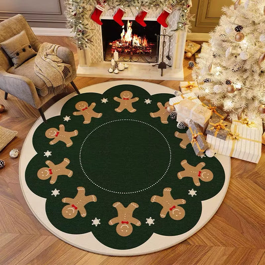 VIKAMA Festive Red and White Round Carpet with 3D Embroidery - Anti-Slip Short Pile Christmas Decoration