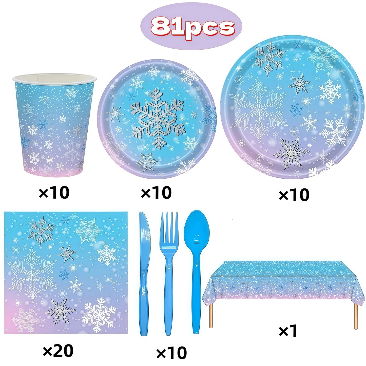 Festive Frozen Snowflake Party Supplies Set - Blue & Purple Tableware with Cups, Plates, Napkins, and Tablecloth for Christmas & Birthday Celebrations
