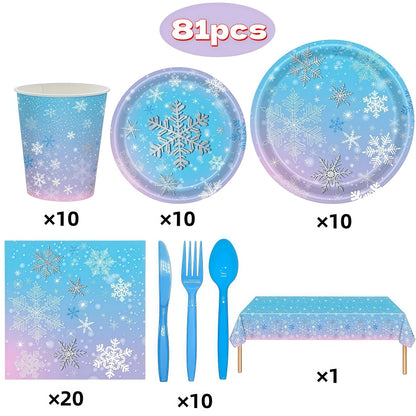 Festive Frozen Snowflake Party Supplies Set - Blue & Purple Tableware with Cups, Plates, Napkins, and Tablecloth for Christmas & Birthday Celebrations