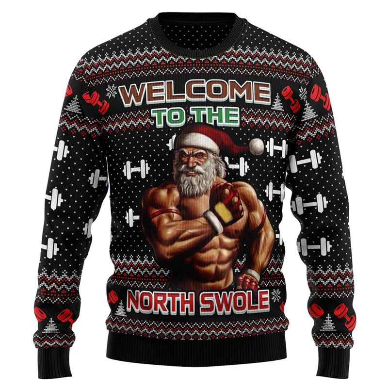 Festive 3D Printed Cartoon Muscle Santa Claus Ugly Christmas Sweater - Perfect Holiday Hoodie for Men!