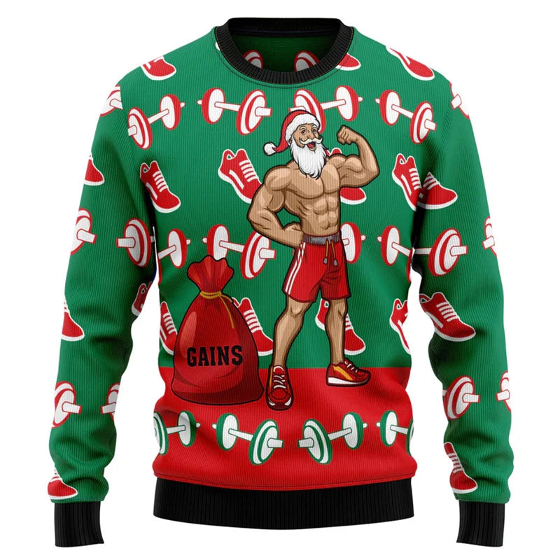 Festive 3D Printed Cartoon Muscle Santa Claus Ugly Christmas Sweater - Perfect Holiday Hoodie for Men!