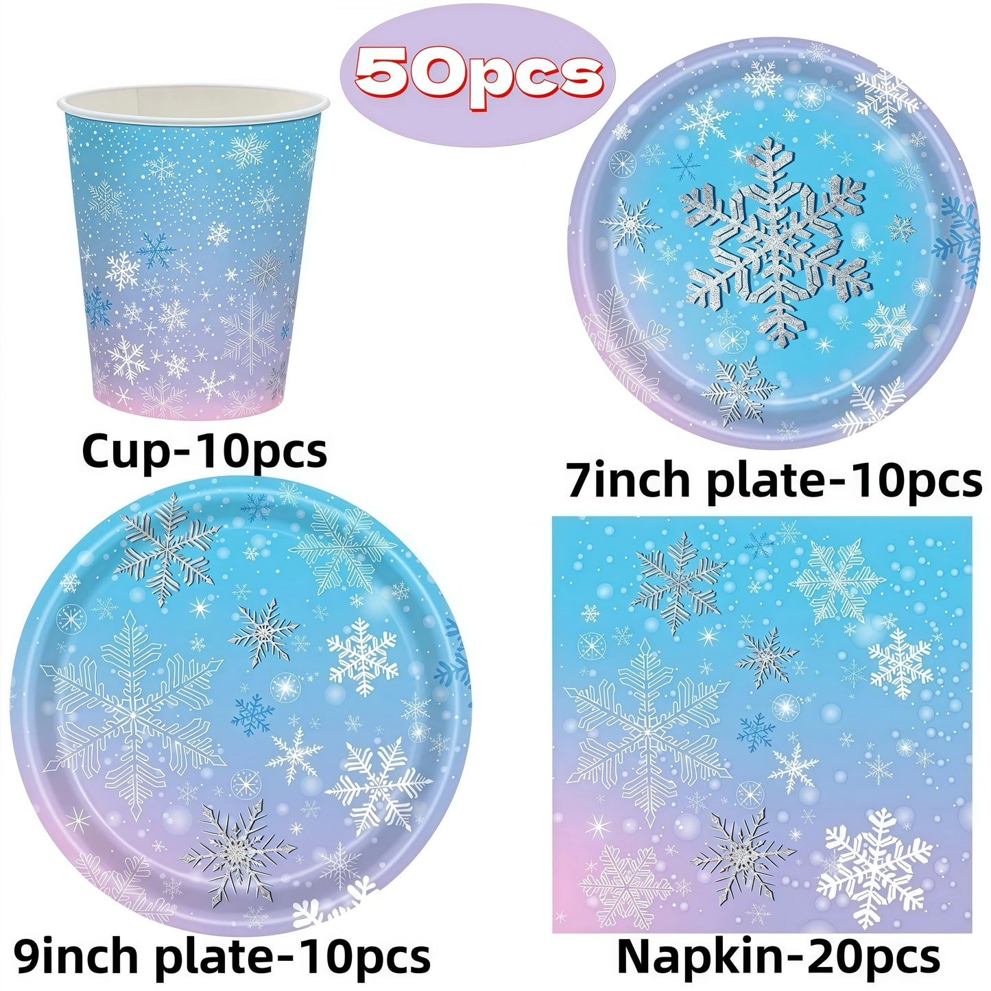 Festive Frozen Snowflake Party Supplies Set - Blue & Purple Tableware with Cups, Plates, Napkins, and Tablecloth for Christmas & Birthday Celebrations