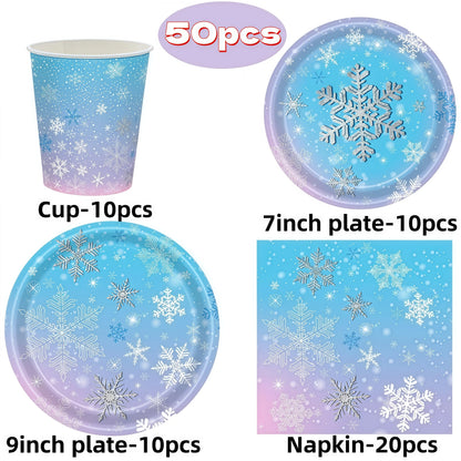 Festive Frozen Snowflake Party Supplies Set - Blue & Purple Tableware with Cups, Plates, Napkins, and Tablecloth for Christmas & Birthday Celebrations