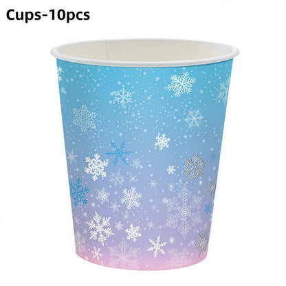 Festive Frozen Snowflake Party Supplies Set - Blue & Purple Tableware with Cups, Plates, Napkins, and Tablecloth for Christmas & Birthday Celebrations