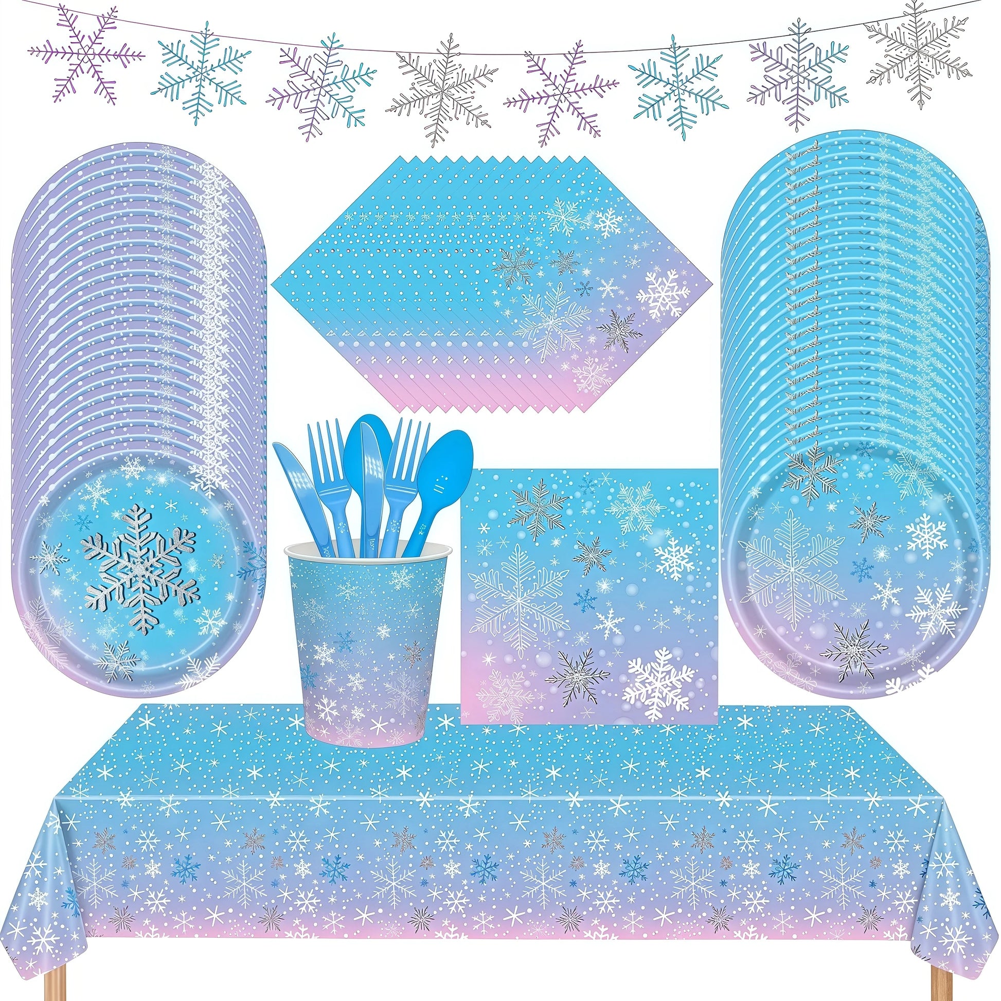 Festive Frozen Snowflake Party Supplies Set - Blue & Purple Tableware with Cups, Plates, Napkins, and Tablecloth for Christmas & Birthday Celebrations