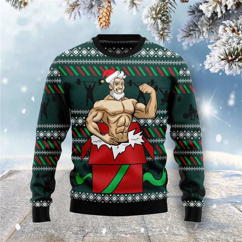 Festive 3D Printed Cartoon Muscle Santa Claus Ugly Christmas Sweater - Perfect Holiday Hoodie for Men!