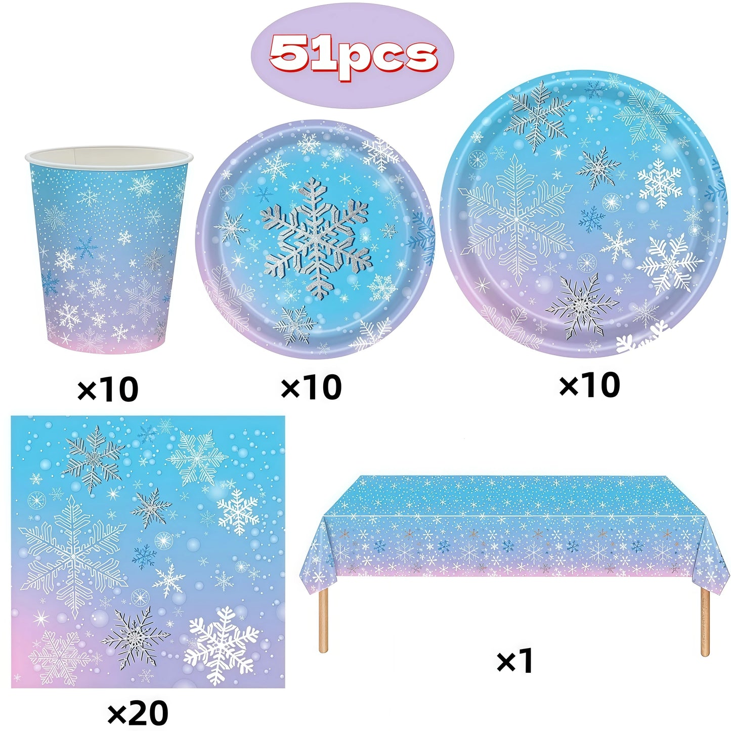 Festive Frozen Snowflake Party Supplies Set - Blue & Purple Tableware with Cups, Plates, Napkins, and Tablecloth for Christmas & Birthday Celebrations