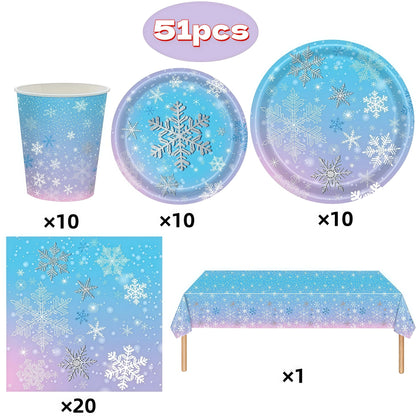 Festive Frozen Snowflake Party Supplies Set - Blue & Purple Tableware with Cups, Plates, Napkins, and Tablecloth for Christmas & Birthday Celebrations