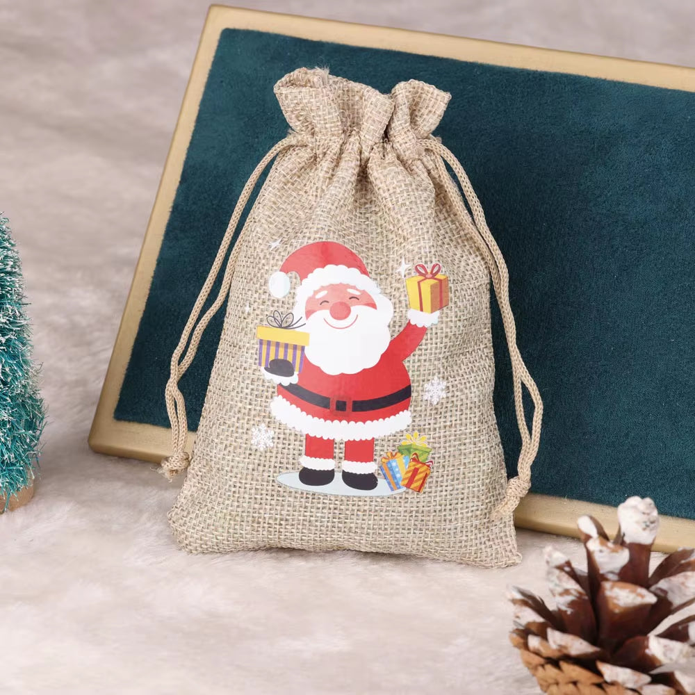 Set of 5 Christmas Burlap Drawstring Pouches - Festive Snowman & Santa Claus Designs for Jewelry Packaging & Gift Giving