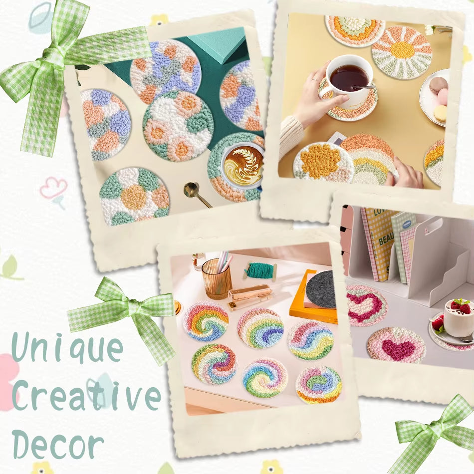 GATYZTORY 6-Piece Flower Punch Needle Coaster Kit - DIY Embroidery Craft Supplies for Stunning Tufted Coasters