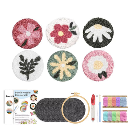 GATYZTORY 6-Piece Flower Punch Needle Coaster Kit - DIY Embroidery Craft Supplies for Stunning Tufted Coasters