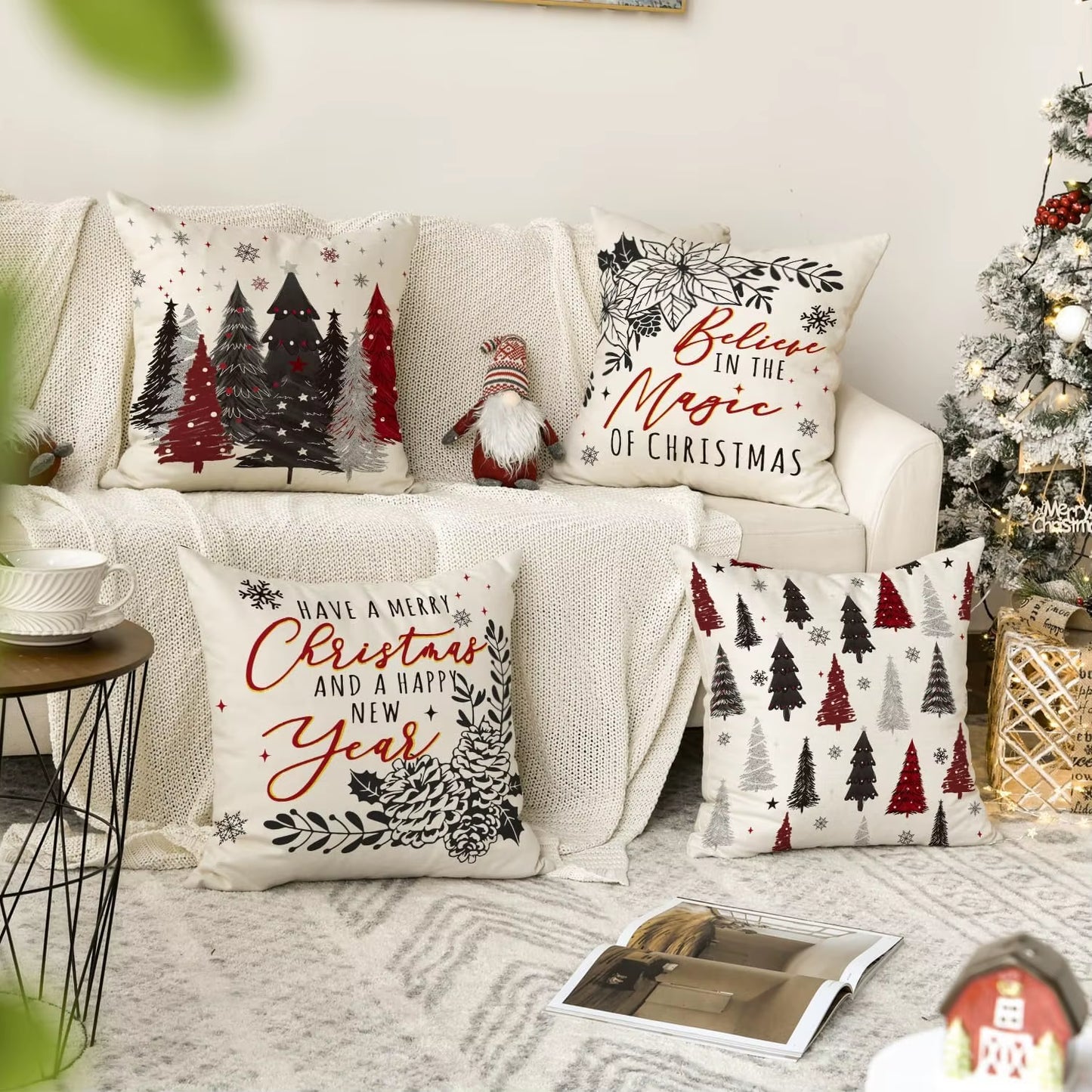 Festive Christmas Tree & Snowflake Throw Pillow Covers - Set of 4 for Cozy Holiday Decor on Sofa & Couch