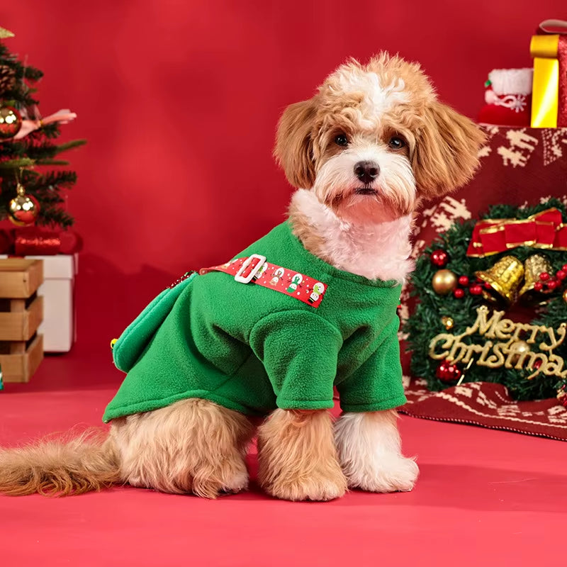 Festive Reindeer Dog Hoodie with Pocket - Cozy Fleece Sweatshirt for Small/Medium Dogs - Green Winter Outfit, Sizes S-XL
