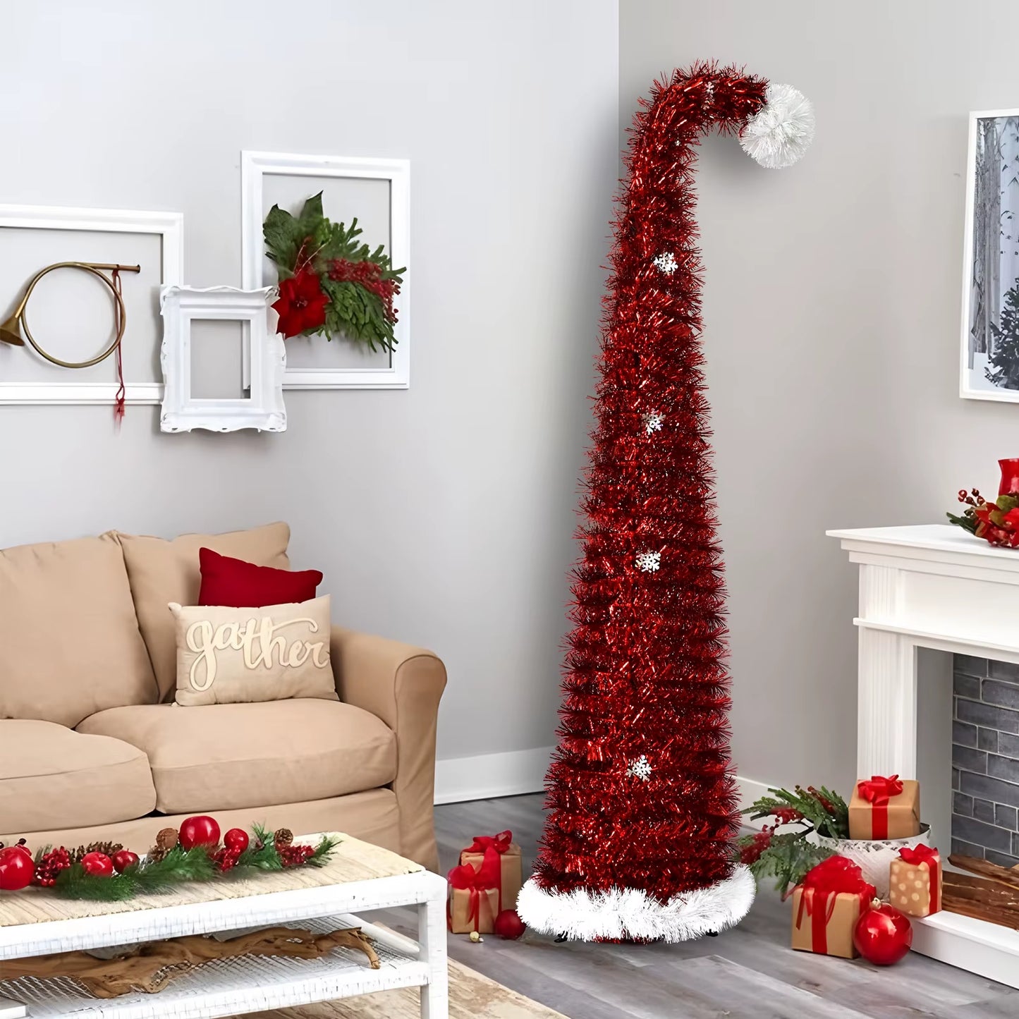 Scalable 1.5m Foldable Christmas Tree with Green Woolen Strips - Perfect Spiral Holiday Decoration!