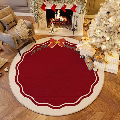VIKAMA Festive Red and White Round Carpet with 3D Embroidery - Anti-Slip Short Pile Christmas Decoration