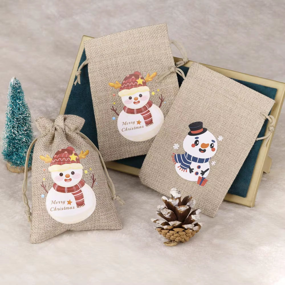 Set of 5 Christmas Burlap Drawstring Pouches - Festive Snowman & Santa Claus Designs for Jewelry Packaging & Gift Giving