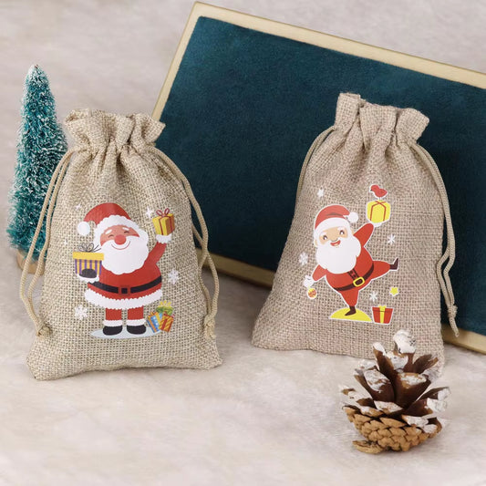 Set of 5 Christmas Burlap Drawstring Pouches - Festive Snowman & Santa Claus Designs for Jewelry Packaging & Gift Giving