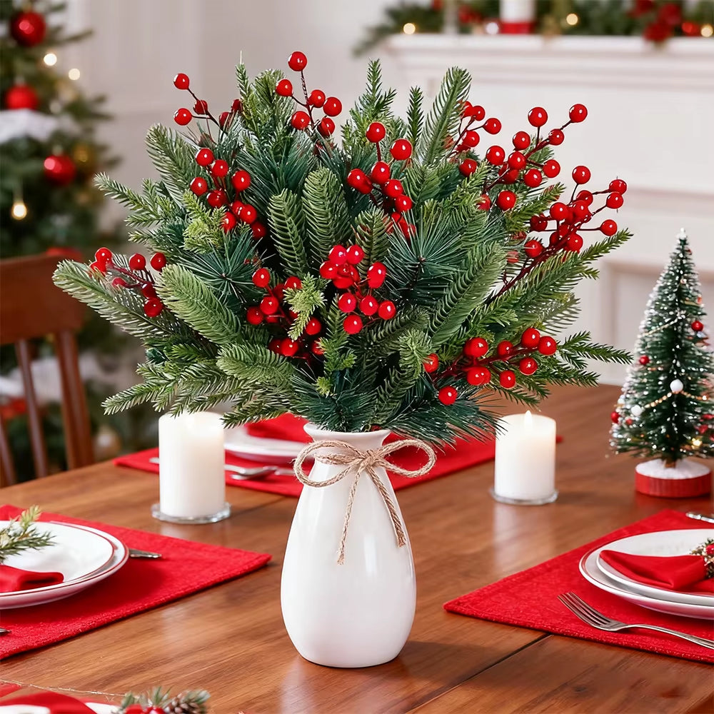 40Pcs Faux Pine Needle Branches with Red Berry Picks - Perfect for DIY Christmas Wreaths and Holiday Decorations