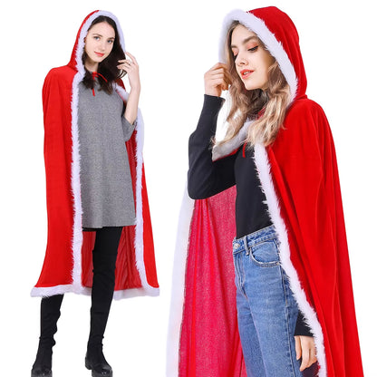 Halloween Christmas Costumes Adult Women Sexy Hooded Cloak Mrs Santa Claus Velvet Fur Red Clothing