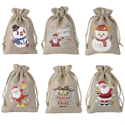 Set of 5 Christmas Burlap Drawstring Pouches - Festive Snowman & Santa Claus Designs for Jewelry Packaging & Gift Giving