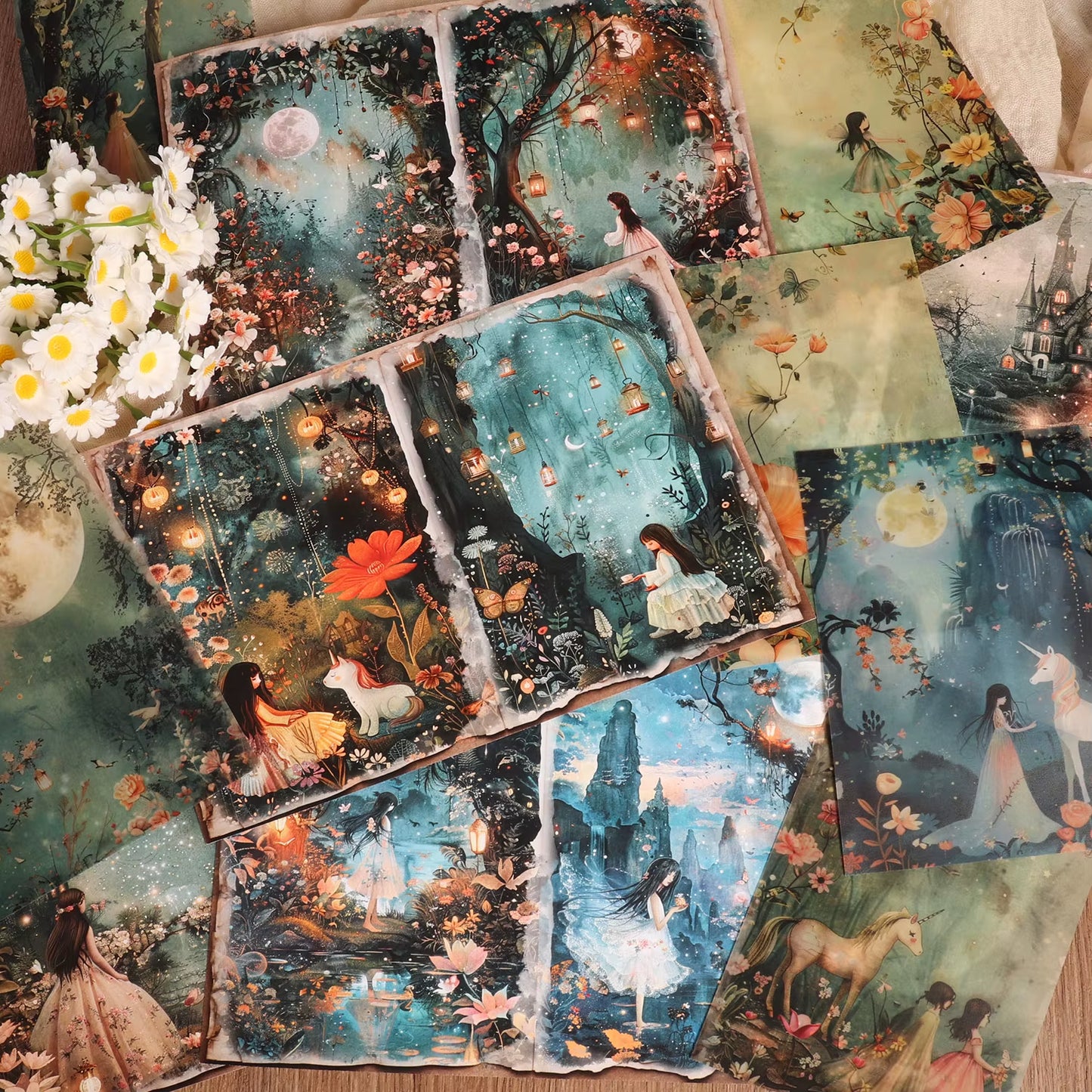 Fantasy Forest DIY Scrapbook Kit: 16 A5 Decorative Papers, 8 Transparent Sulfuric Acid Sheets & 36 Stickers for Creative Arts & Crafts