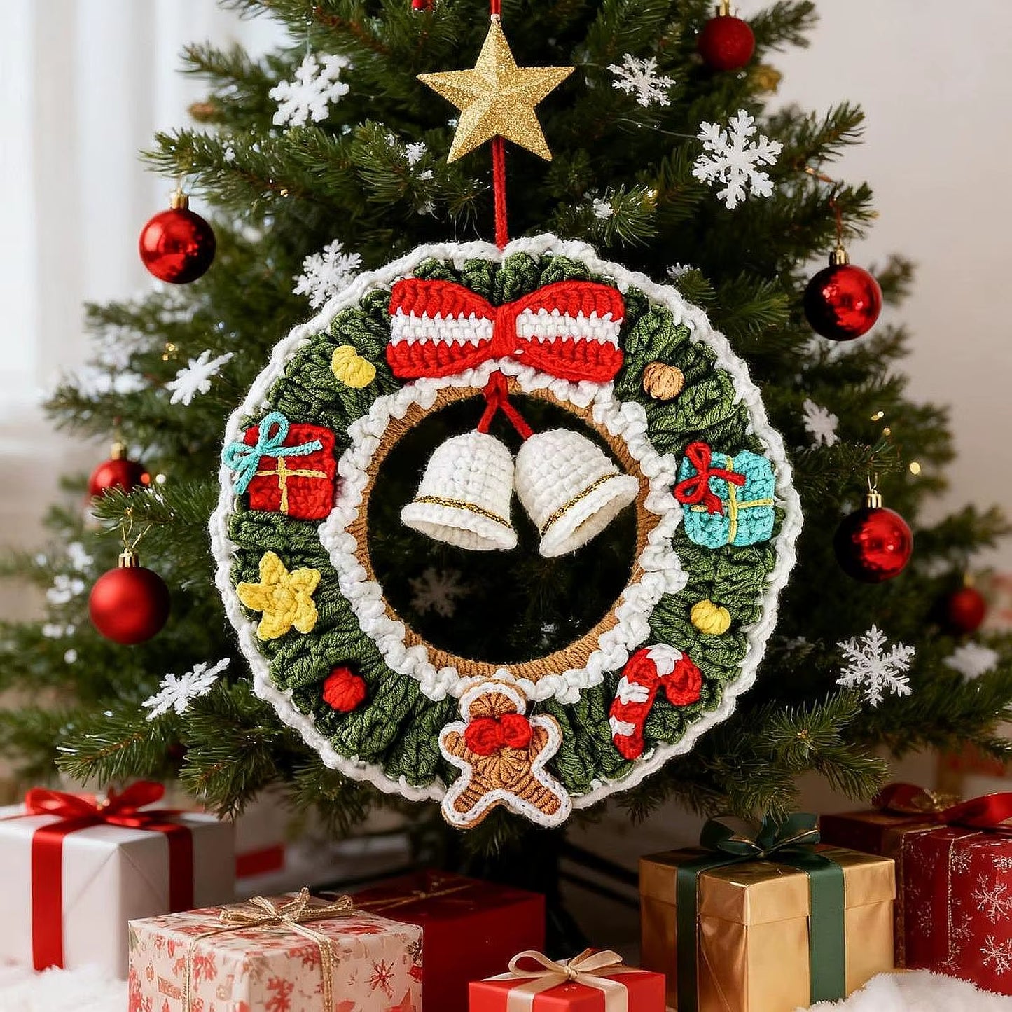 Festive Crochet Christmas Wreath - Beautiful Hanging Holiday Decoration & Bell Garland for Front Door