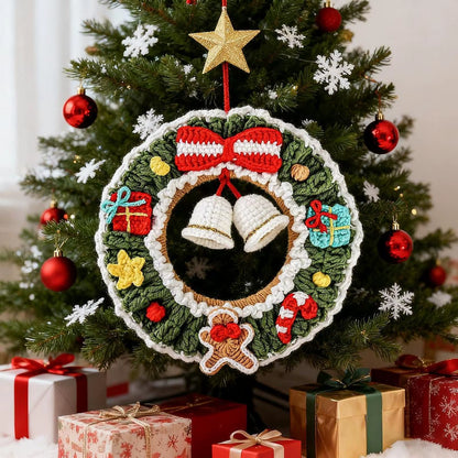 Festive Crochet Christmas Wreath - Beautiful Hanging Holiday Decoration & Bell Garland for Front Door